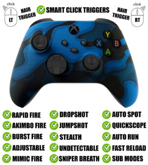 Blue Camo Silent Modz Smart Click Triggers Modded Controller for Xbox & PC