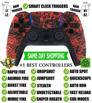 Red Skulls Pro Competition Smart Click Hair Triggers Modded Controller for PS5