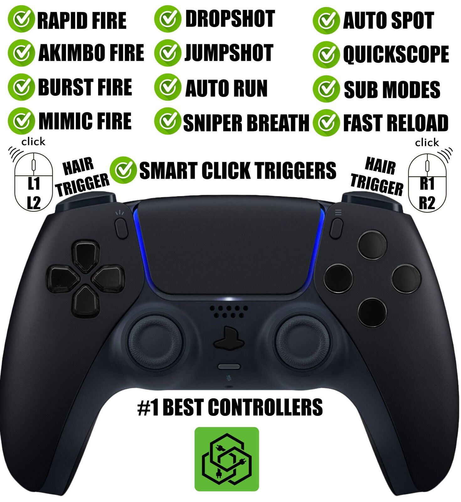 Black Pro Competition Smart Click Hair Triggers Best Modded Controller for PS5