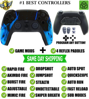 Blue Flames Pro V4 Modded + 4 Paddles Silent Modz Wireless Controller for PS5