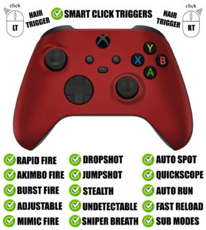 Soft Touch Red Silent Modz Smart Click Triggers Modded Controller for Xbox & PC