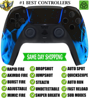 Glossy Blue Flames Silent Modz Rapid Fire Mod Wireless Modded Controller for PS5