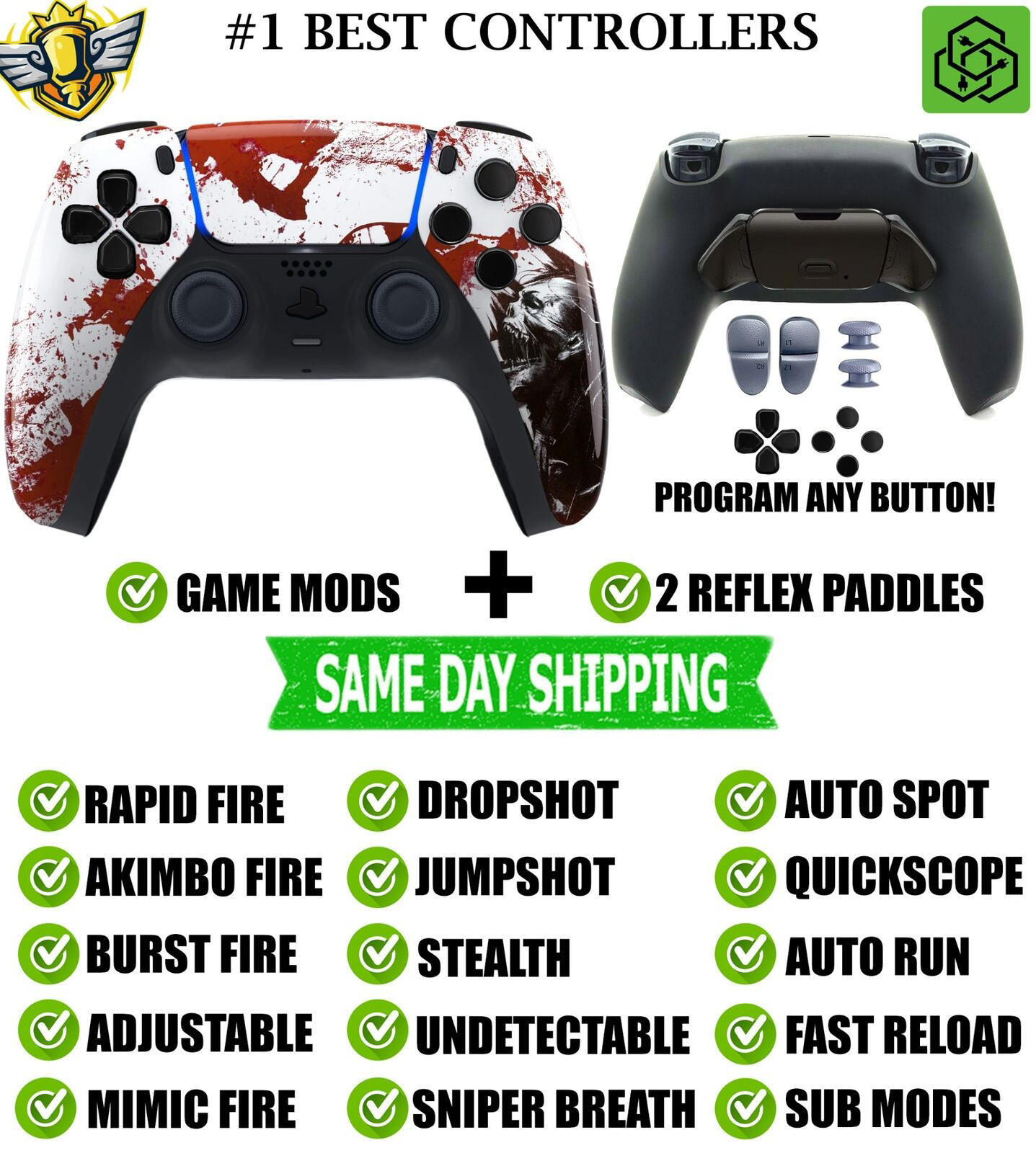 Blood Zombie V2 Pro Modded + 2 Reflex Paddles Silent Modz Controller for PS5 OEM