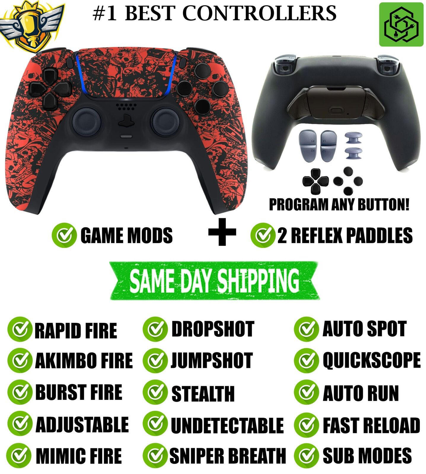 Red Skulls V2 Pro Modded + 2 Reflex Paddles Silent Modz Controller for PS5 OEM
