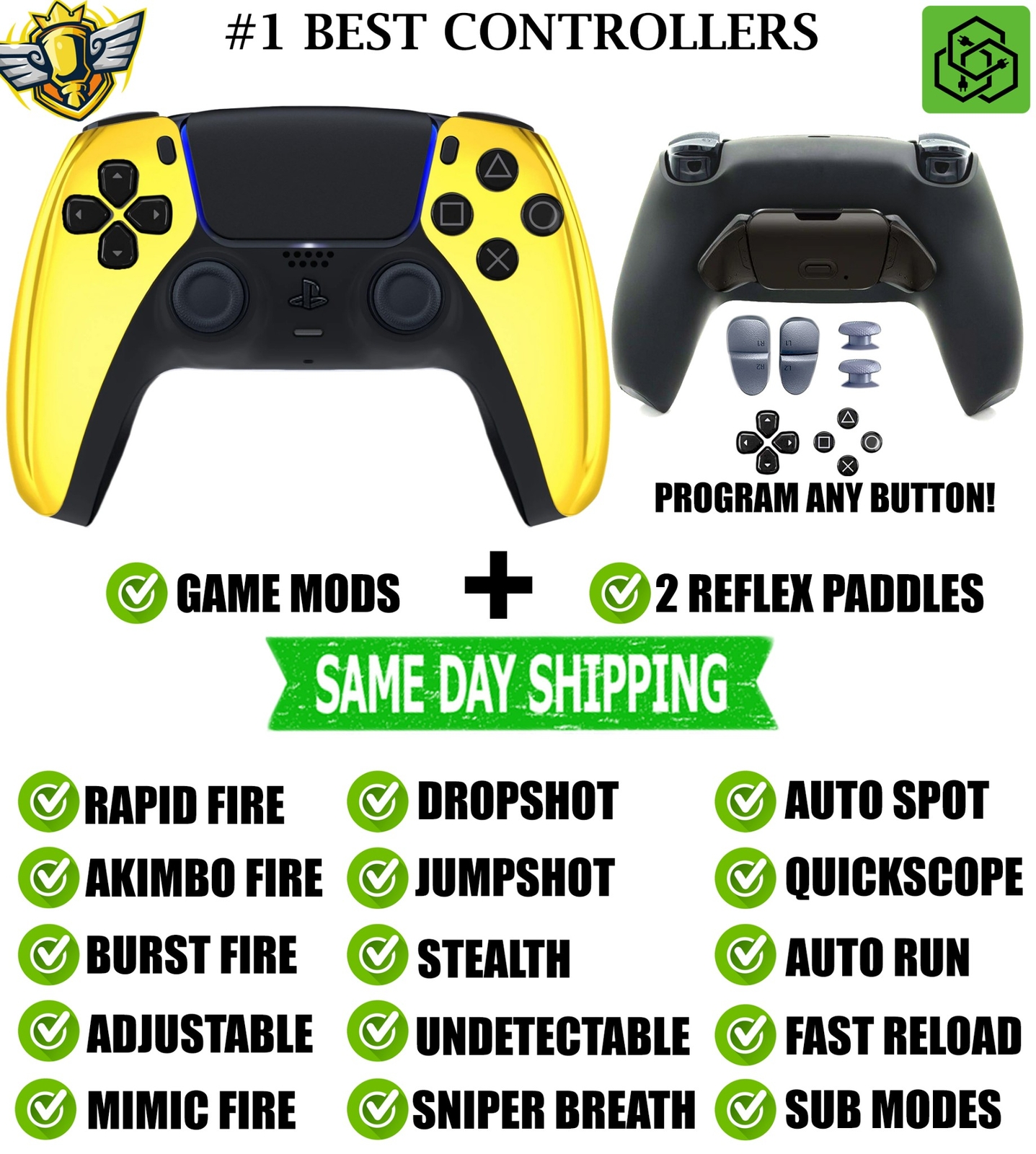 Gold Chrome V2 Pro Modded + 2 Reflex Paddles Silent Modz Controller for PS5 OEM