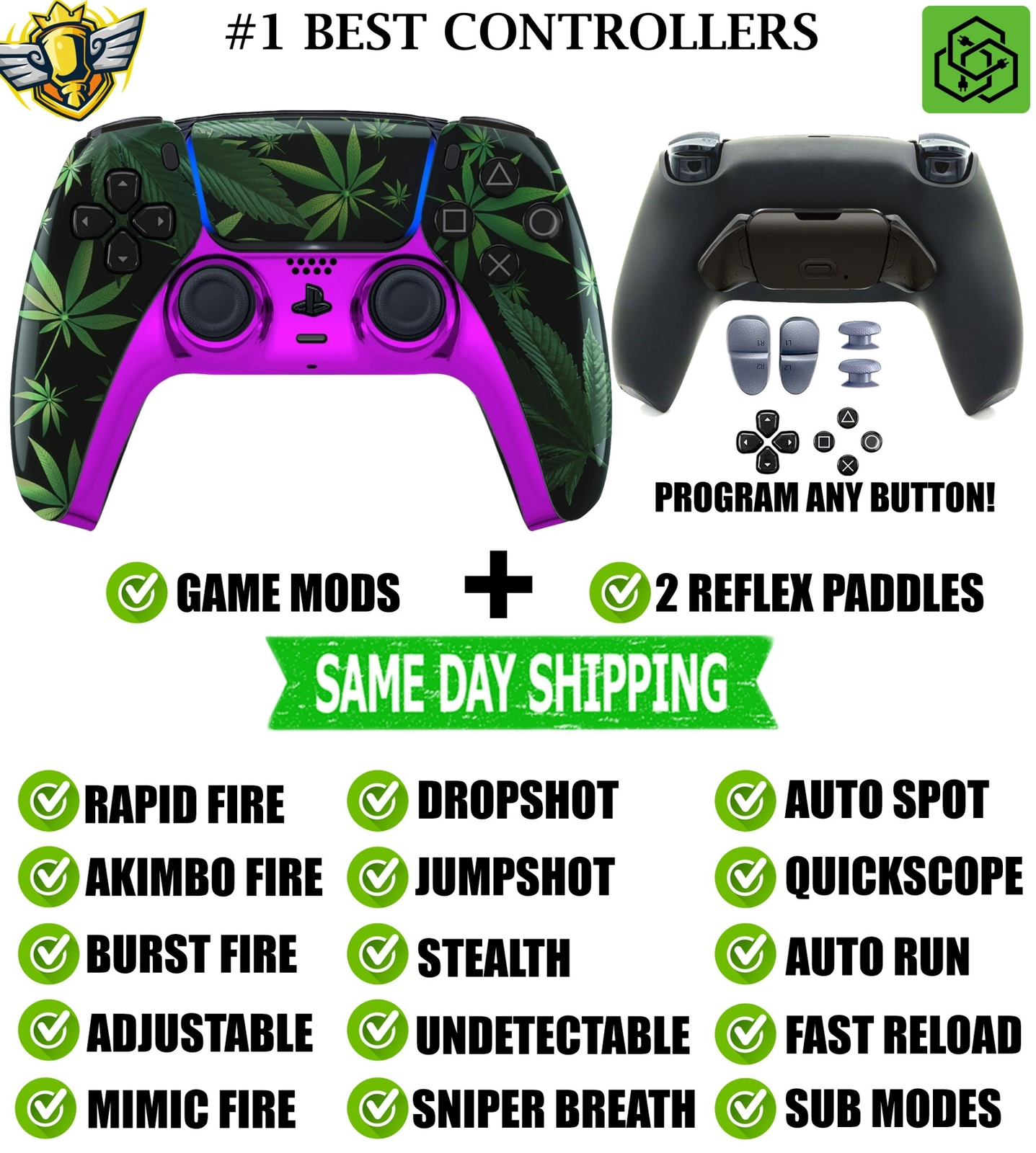 Purple Haze V2 Pro Modded + 2 Reflex Paddles Silent Modz Controller for PS5 OEM