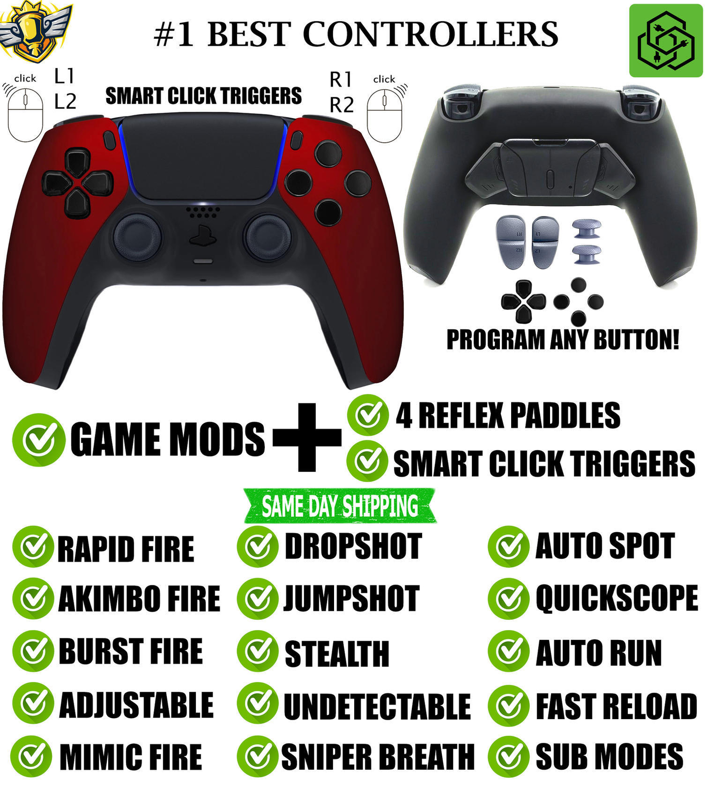 Soft Red Click Triggers + V4 Modded + 4 Paddles Silent Modz Controller for PS5