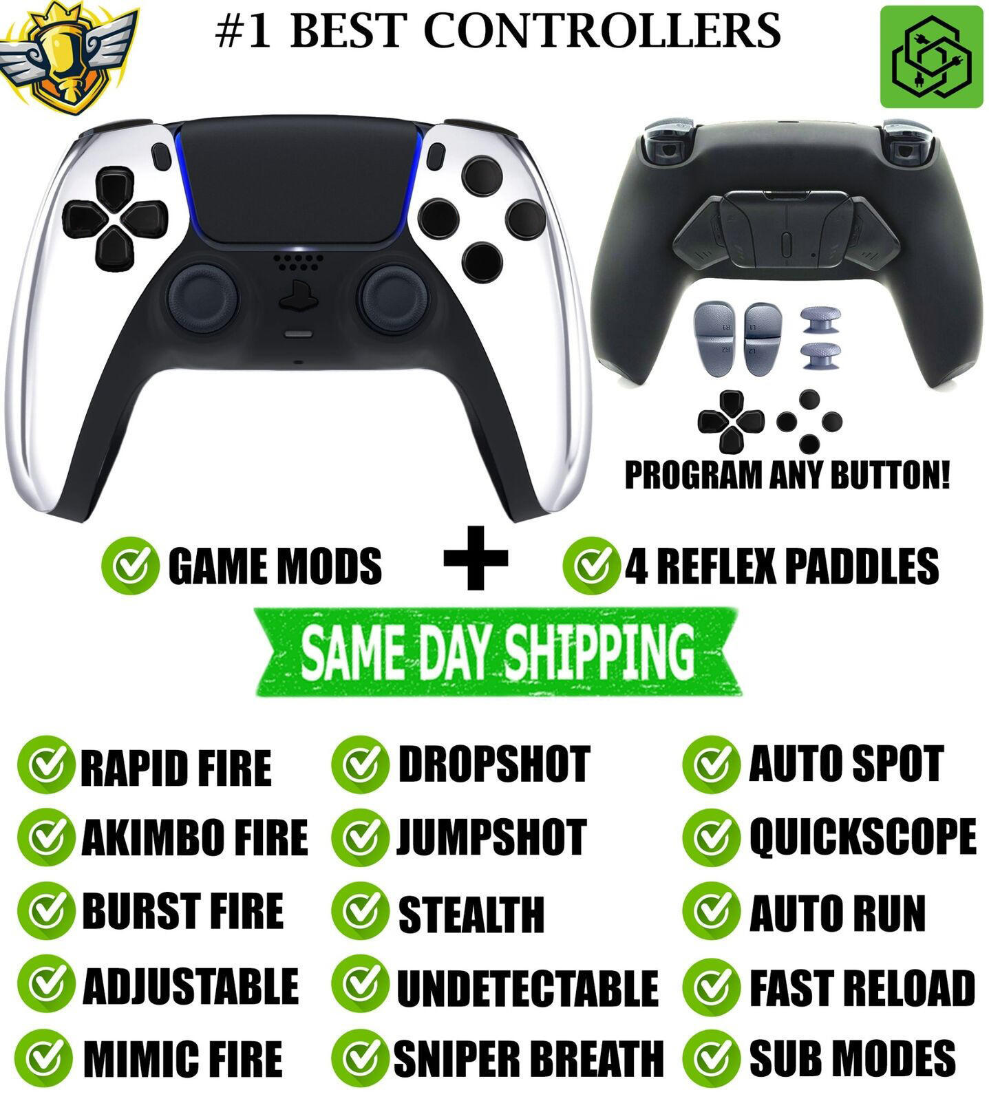 Silver Chrome Pro V4 Modded+4 Paddles Silent Modz Wireless Controller for PS5