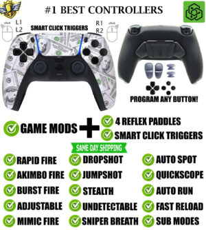 Big Money Click Triggers + V4 Modded + 4 Paddles Silent Modz Controller for PS5