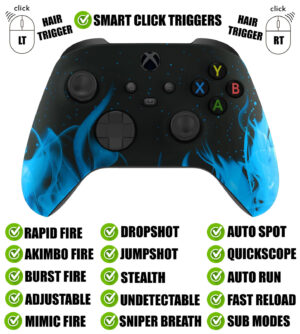 Blue Flames Silent Modz Smart Click Triggers Modded Controller for Xbox & PC