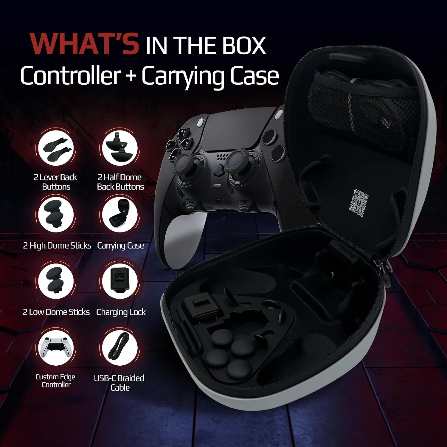 Black custom PS5 Edge controller carrying case and accessories