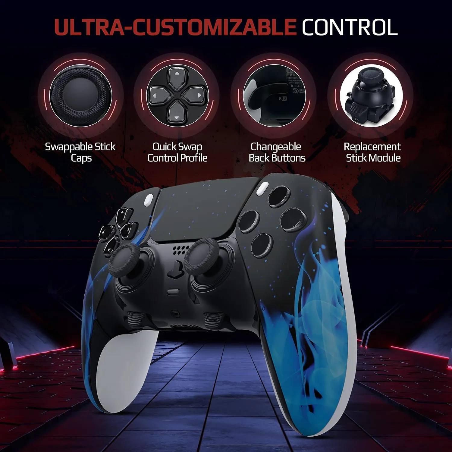 Blue Flames custom PS5 Edge controller carrying case and accessories