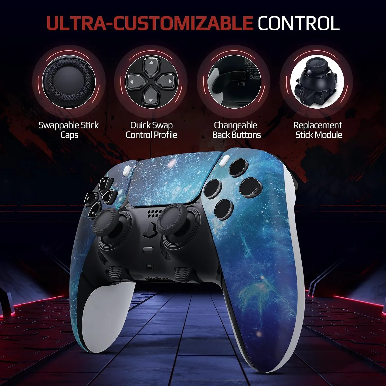 Blue Nebula custom PS5 Edge controller carrying case and accessories