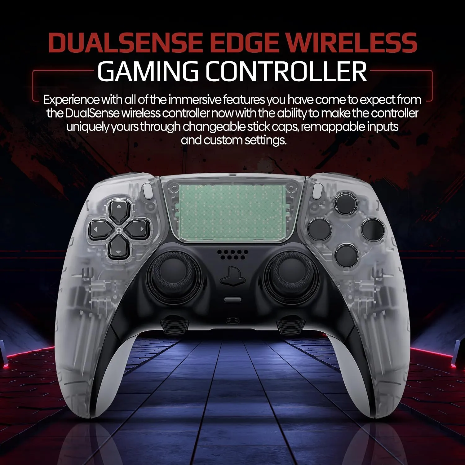 Clear custom PS5 Edge controller carrying case and accessories