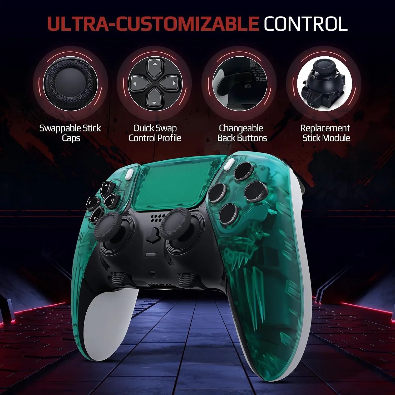 Clear Emerald Green custom PS5 Edge controller carrying case and accessories