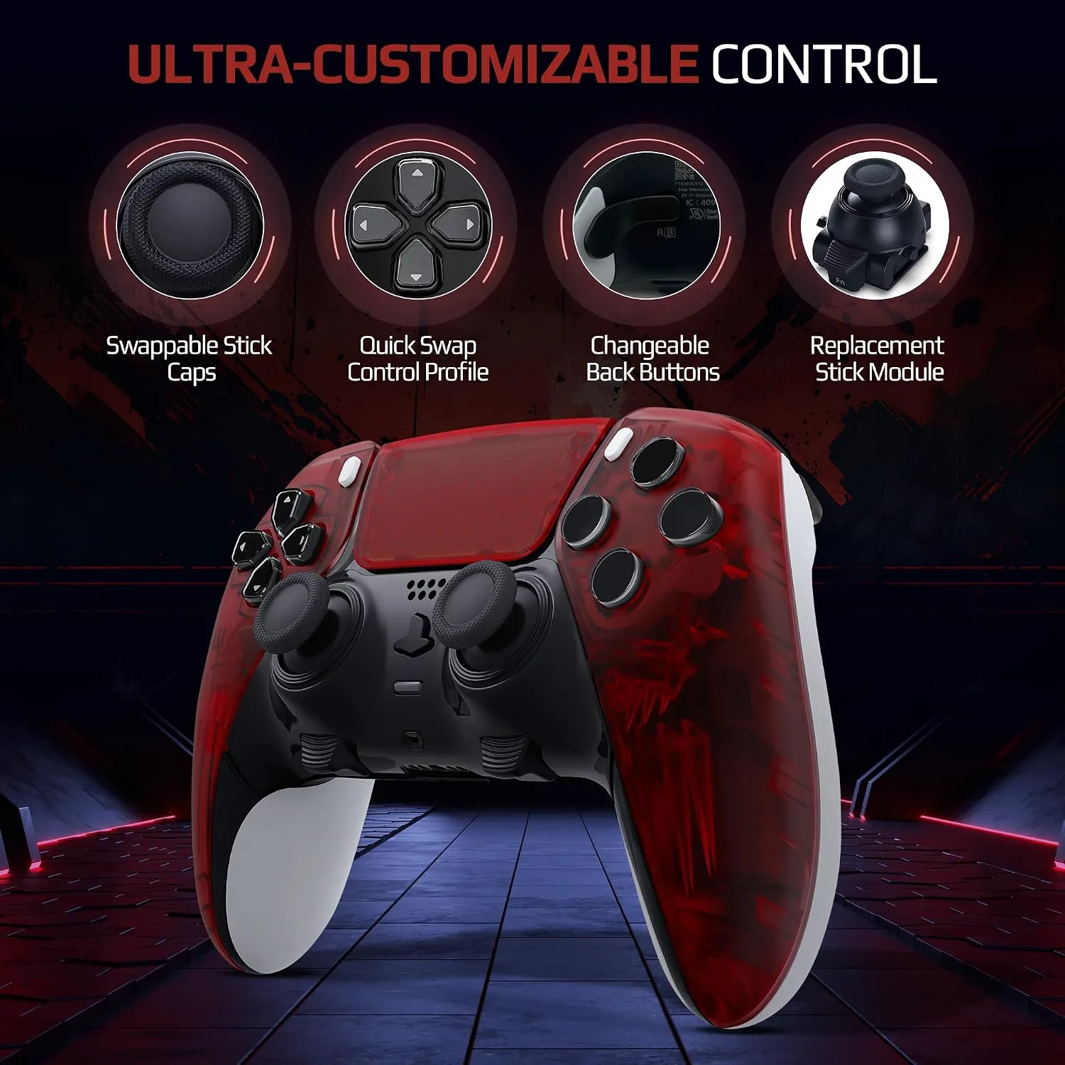 Clear Red custom PS5 Edge controller carrying case and accessories