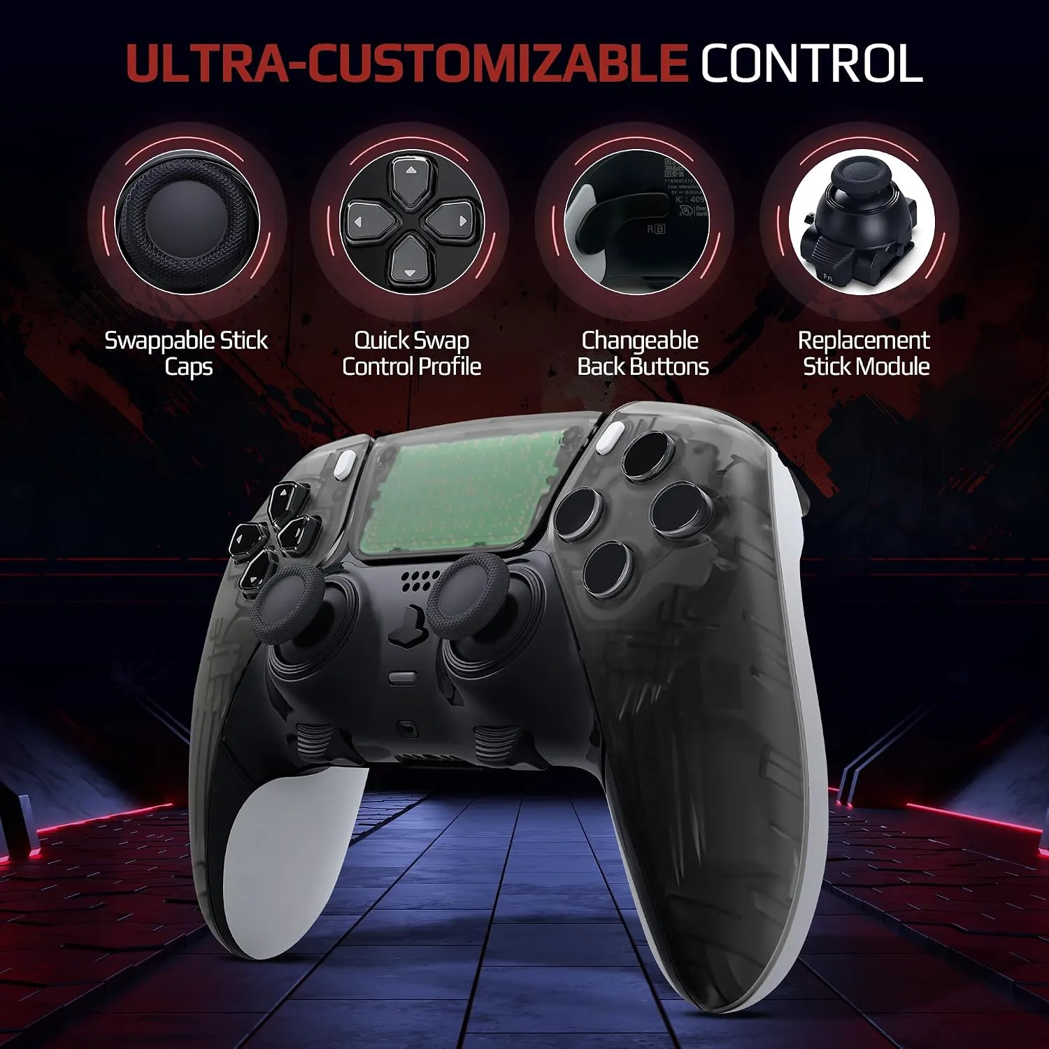 Clear Smoked custom PS5 Edge controller carrying case and accessories