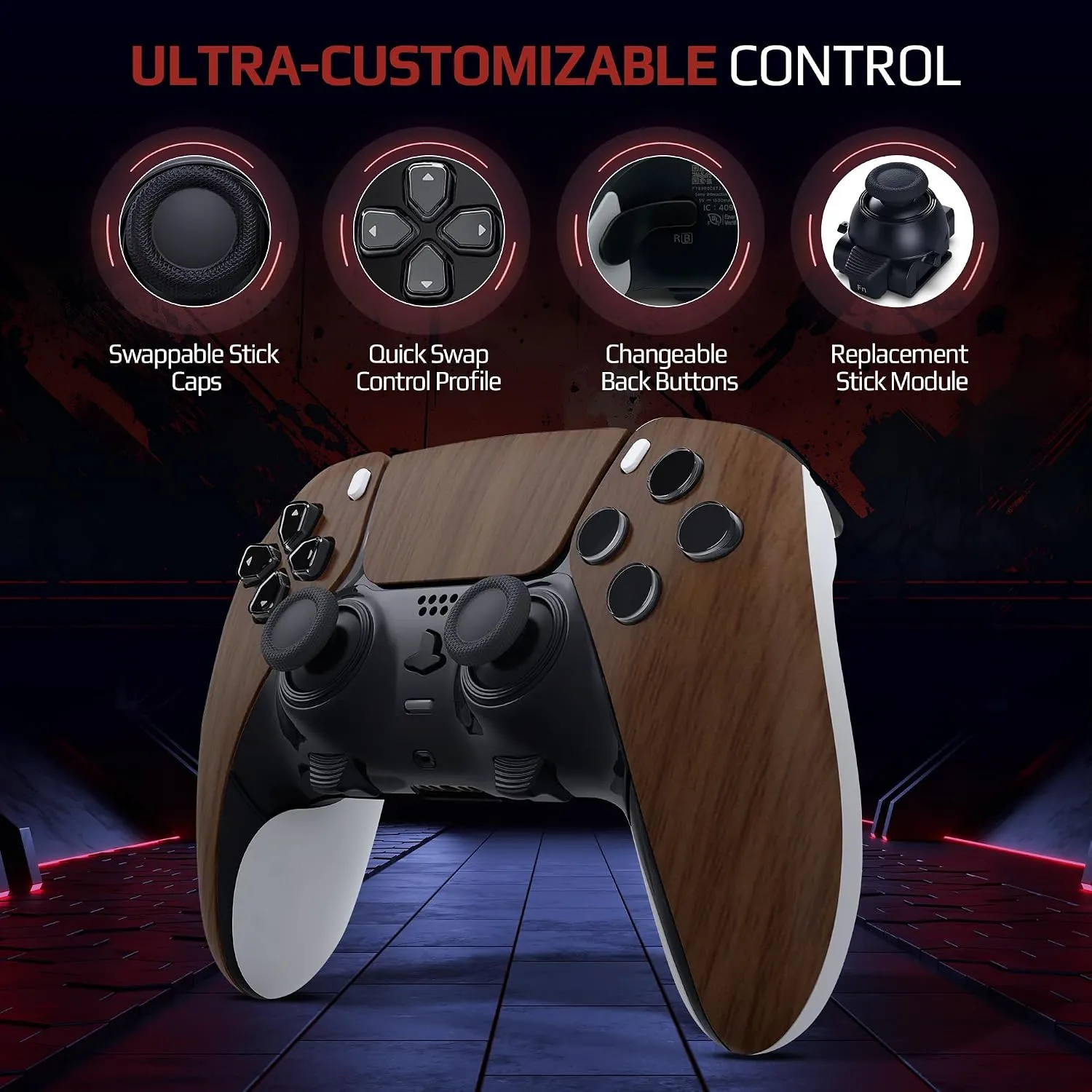 Wood Grain custom PS5 Edge controller carrying case and accessories
