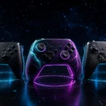 Three custom gaming controller styles displayed in a futuristic showroom