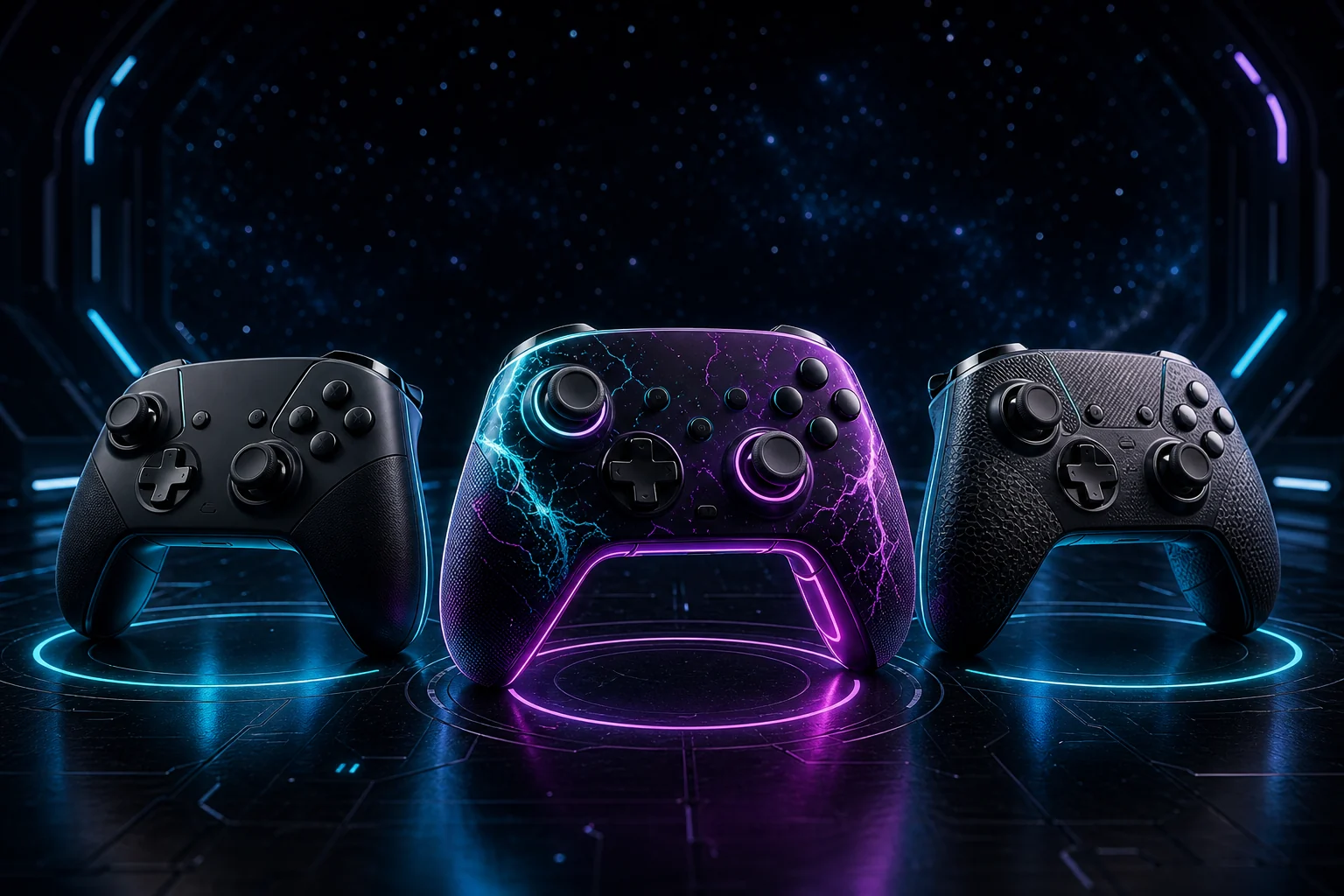 Three custom gaming controller styles displayed in a futuristic showroom