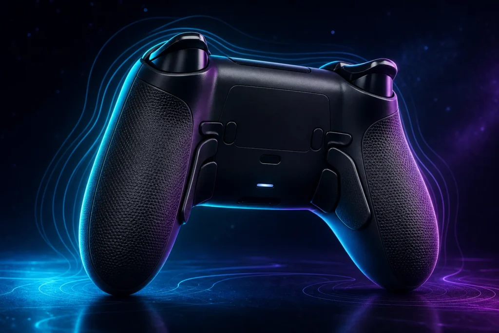 Rear view of a custom gaming controller with textured grips and remap controls