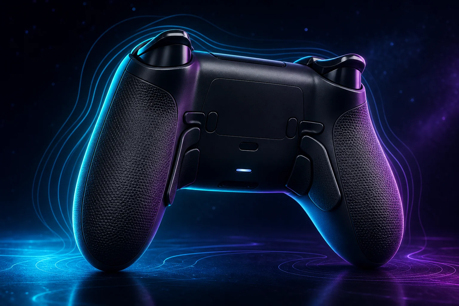 Rear view of a custom gaming controller with textured grips and remap controls