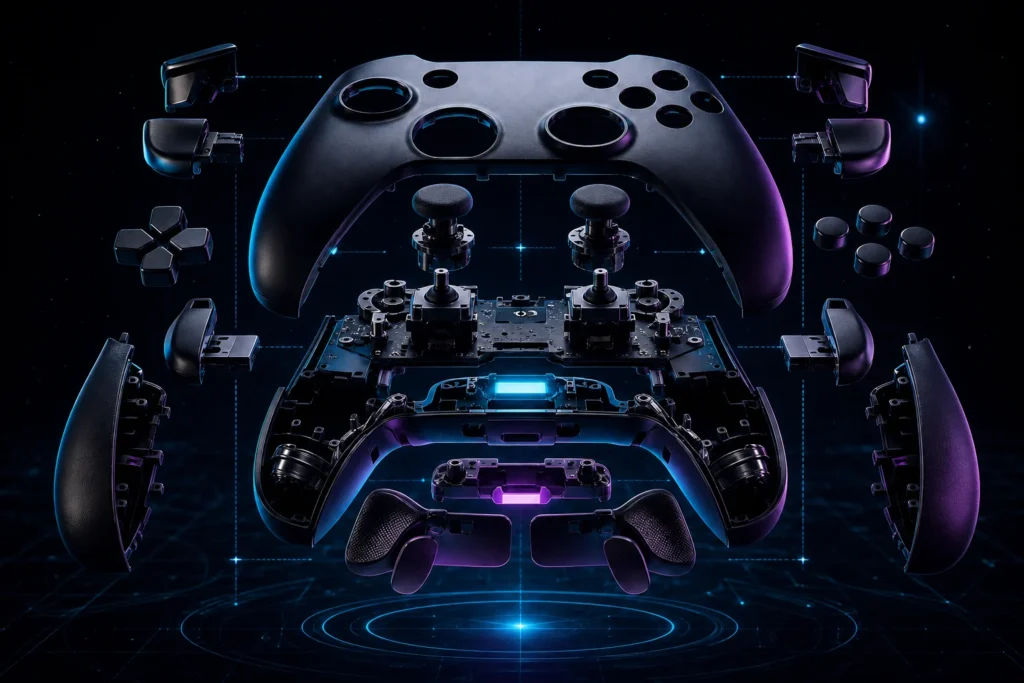 Exploded custom controller showing shell, sticks, triggers, grips, and rear controls