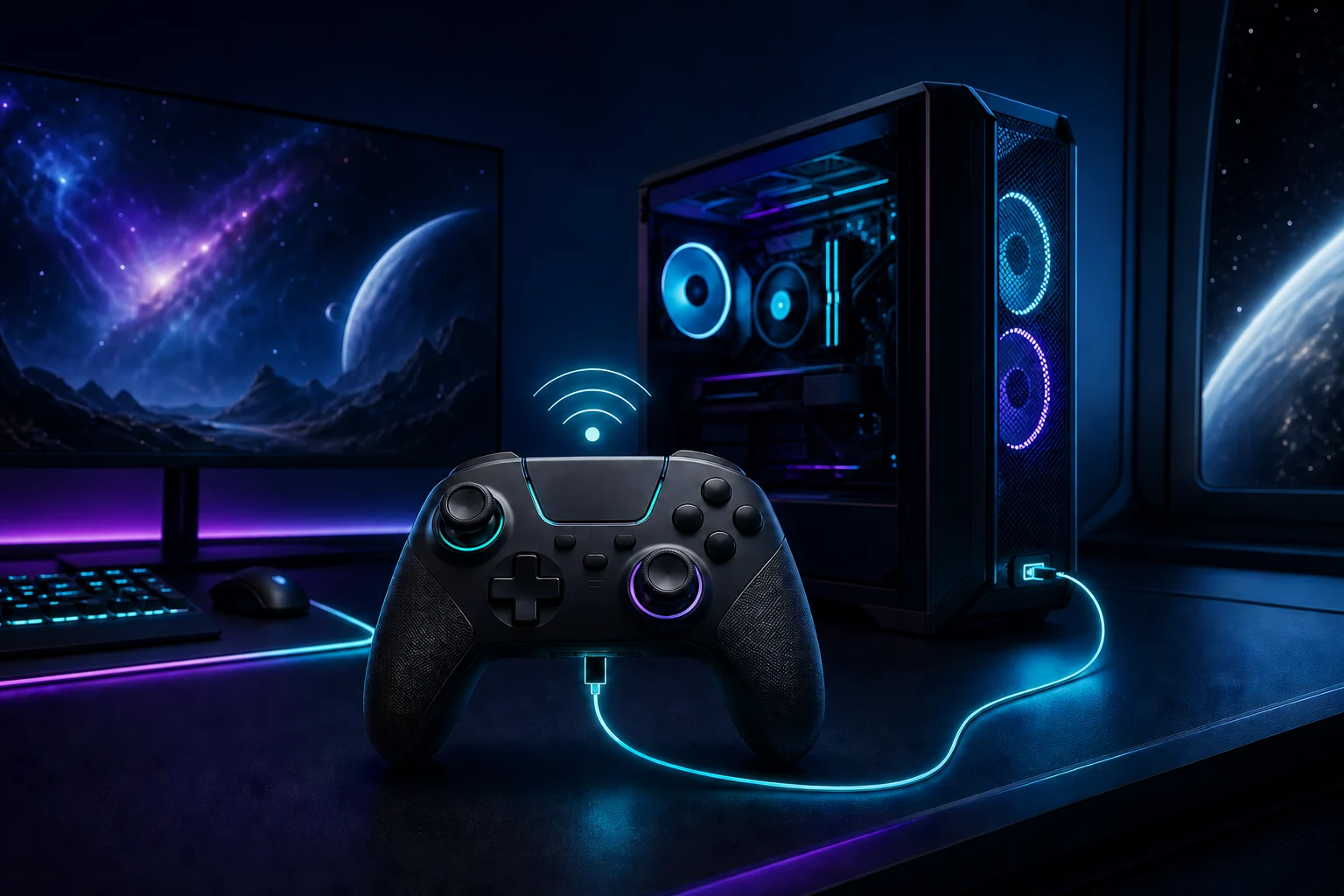 Custom gaming controller connected to a futuristic PC gaming setup