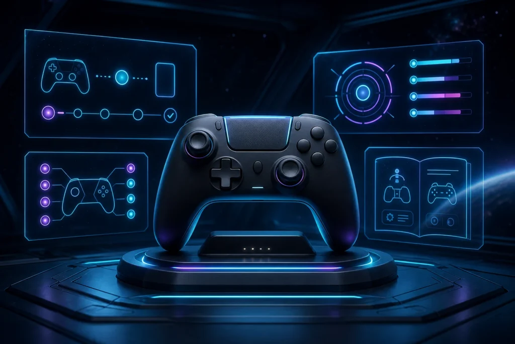 Custom gaming controller surrounded by holographic setup and manual diagrams