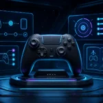 Custom gaming controller surrounded by holographic setup and manual diagrams