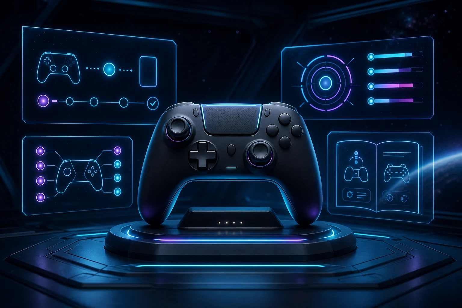 Custom gaming controller surrounded by holographic setup and manual diagrams