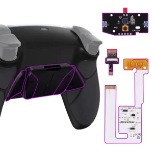 Rubberized black RISE4 V3 four-button remap kit installed on a compatible PS5 DualSense controller